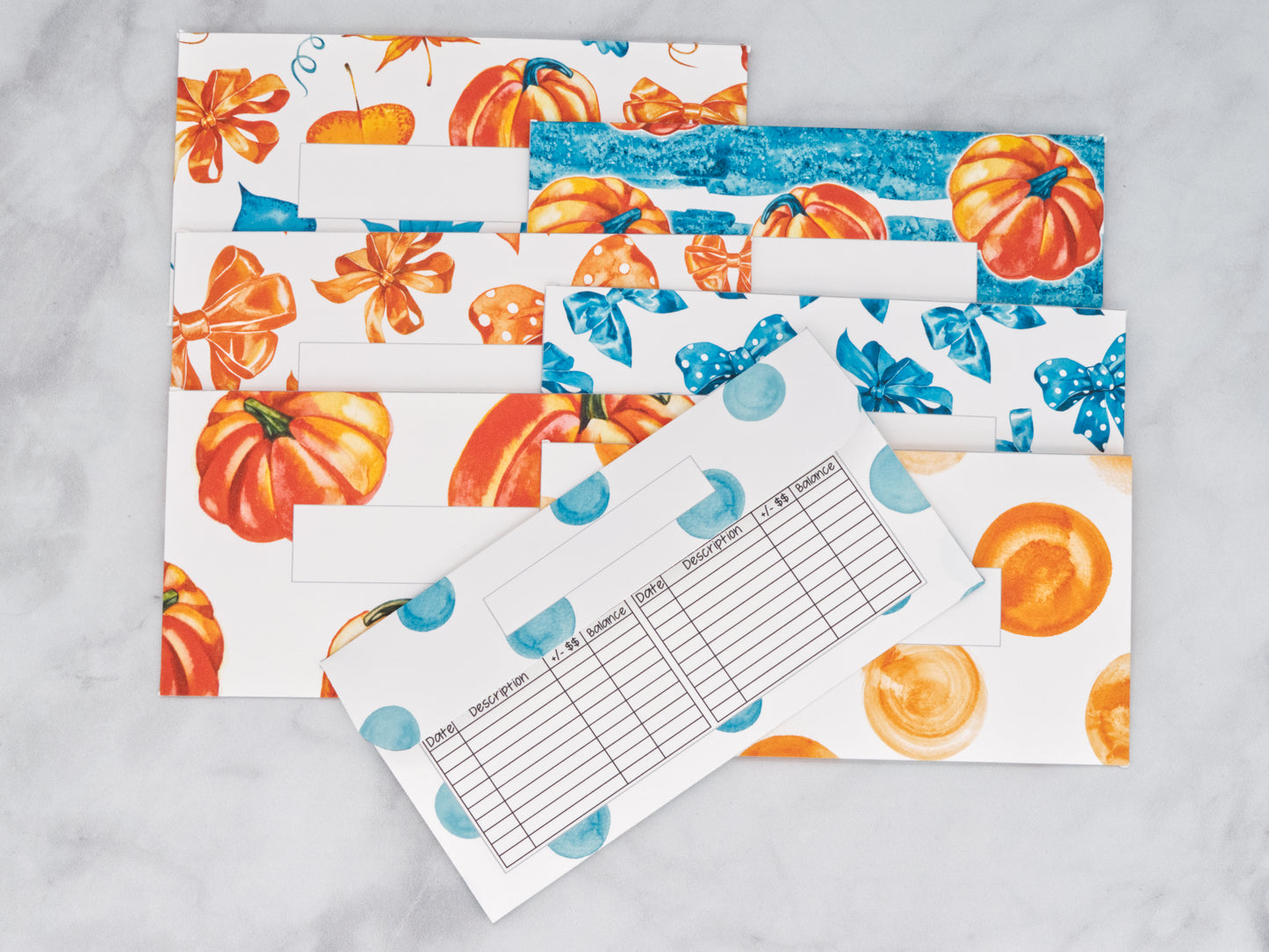 PRINTABLE Set of 7 Horizontal Cash Envelopes, November Blue Pumpkins Kit-51