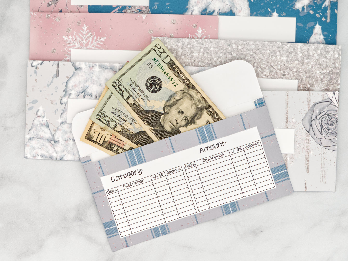 PRINTABLE Set of 7 Horizontal Cash Envelopes, December Blush Winter Kit-52